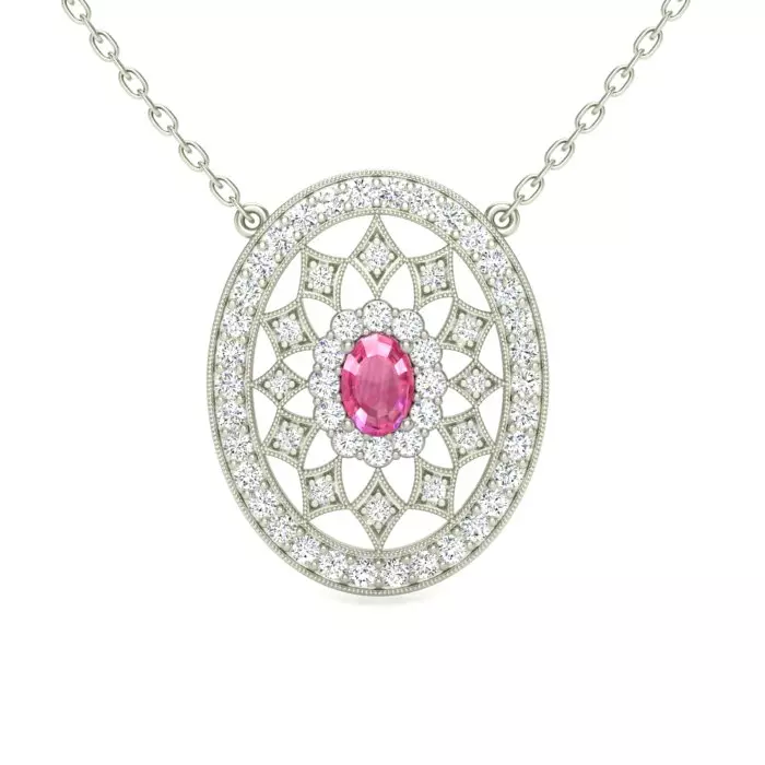 14k white gold fancy oval pendant with pink sapphire center
